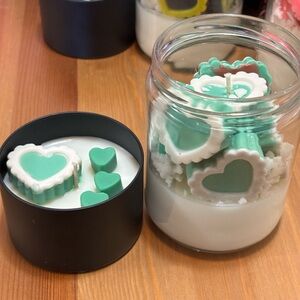 Teal Heart Shaped Custom Valentines Day Candle Set 13 oz & 8 oz Scented Fruity